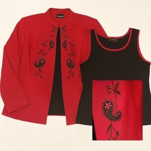 Studio I 2-Pc Wine Red & Black Jacket Tank Top Set Size 10 Paisley Holiday Party